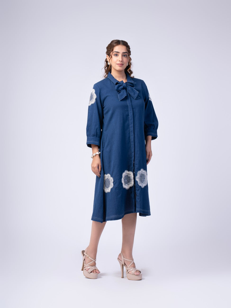Navy Blue Bow-Neck Embroidered A-Line Midi Dress