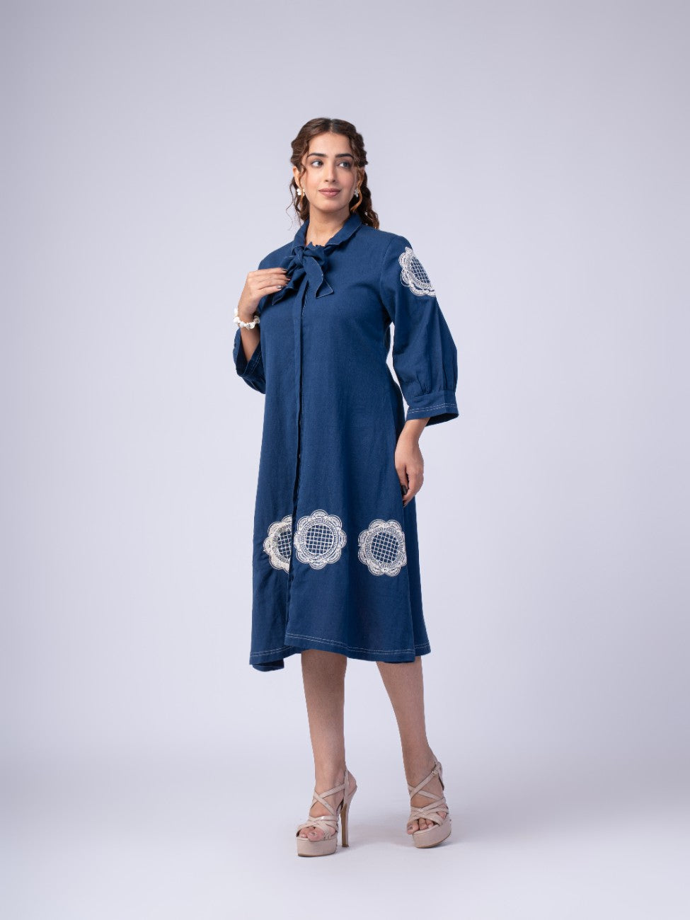 Navy Blue Bow-Neck Embroidered A-Line Midi Dress