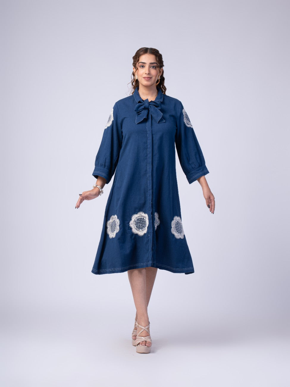 Navy Blue Bow-Neck Embroidered A-Line Midi Dress