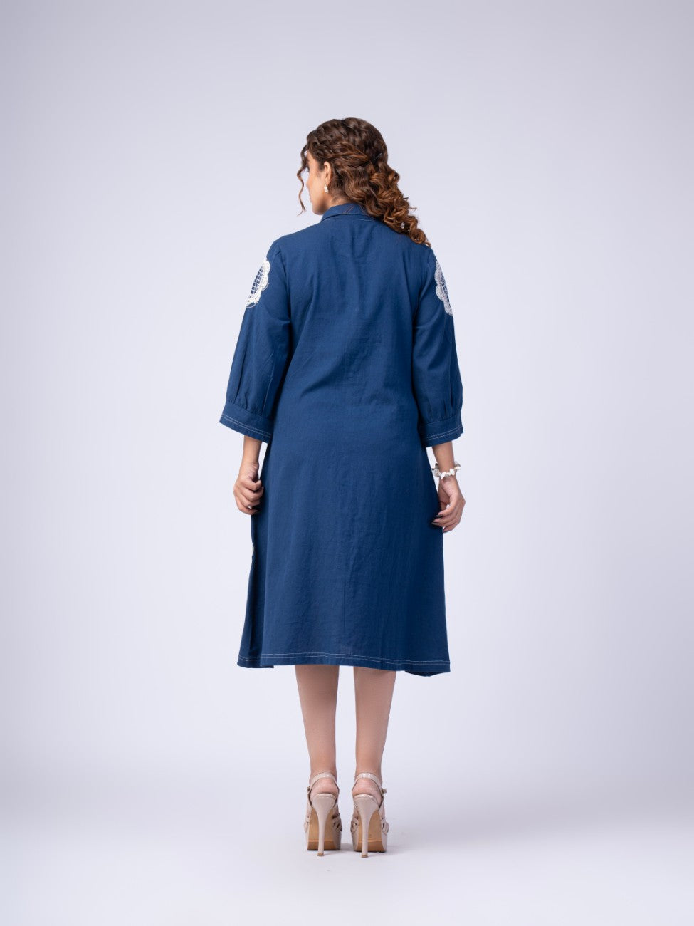 Navy Blue Bow-Neck Embroidered A-Line Midi Dress