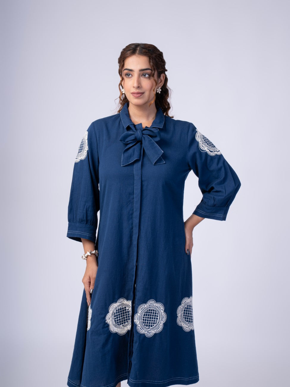 Navy Blue Bow-Neck Embroidered A-Line Midi Dress
