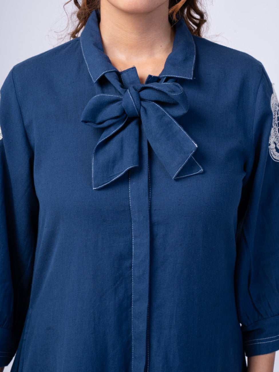 Navy Blue Bow-Neck Embroidered A-Line Midi Dress