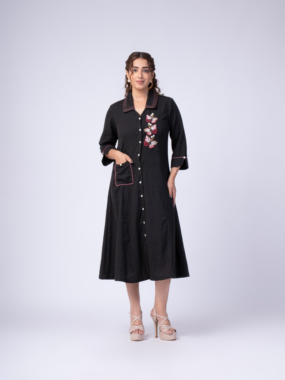 Black Floral Embroidered Collared Button-Down Midi Dress