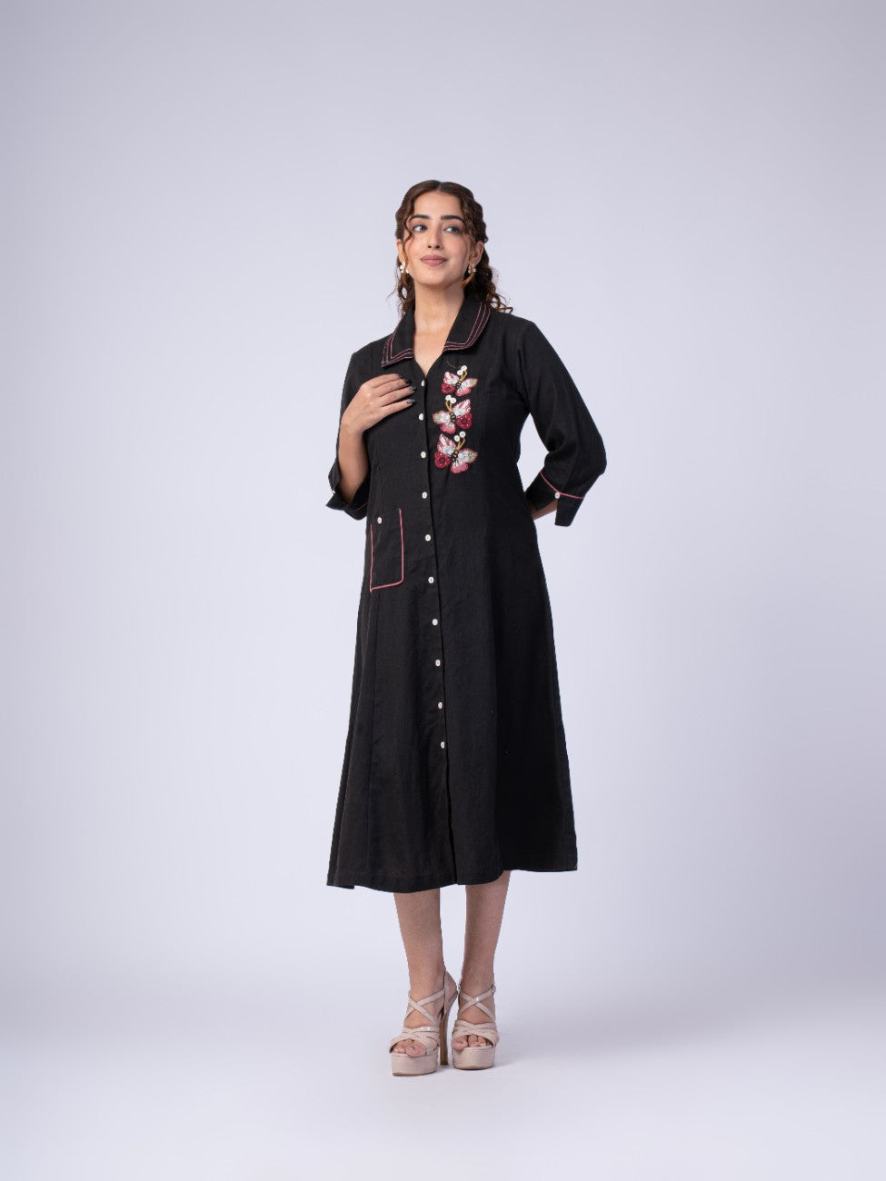 Black Floral Embroidered Collared Button-Down Midi Dress