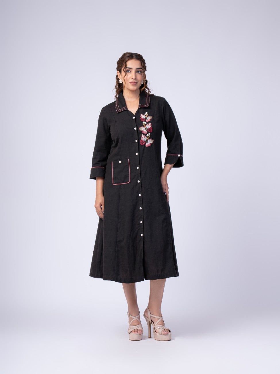 Black Floral Embroidered Collared Button-Down Midi Dress