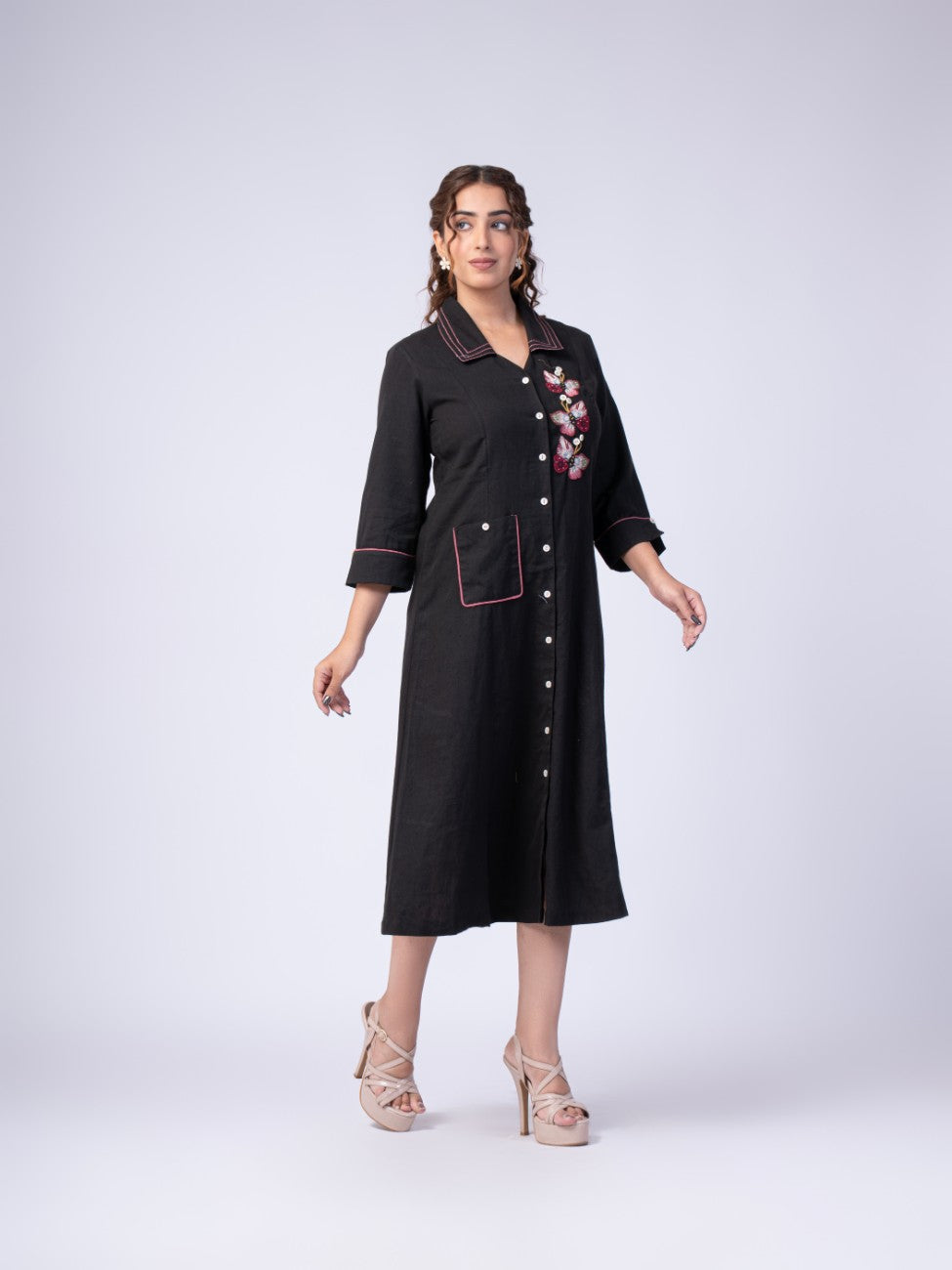Black Floral Embroidered Collared Button-Down Midi Dress