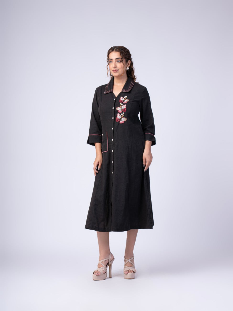 Black Floral Embroidered Collared Button-Down Midi Dress