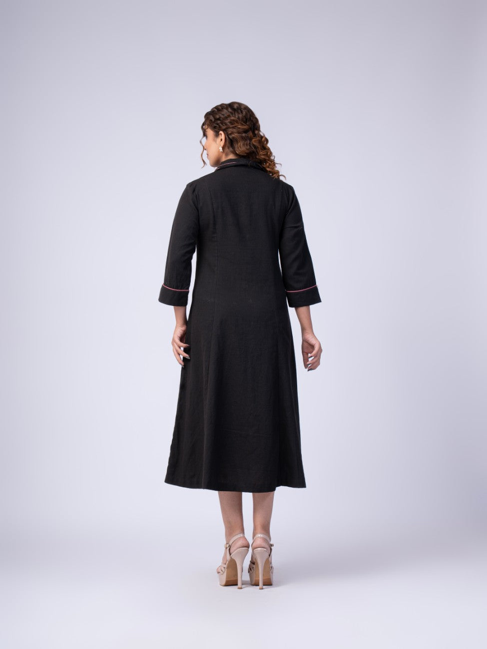 Black Floral Embroidered Collared Button-Down Midi Dress