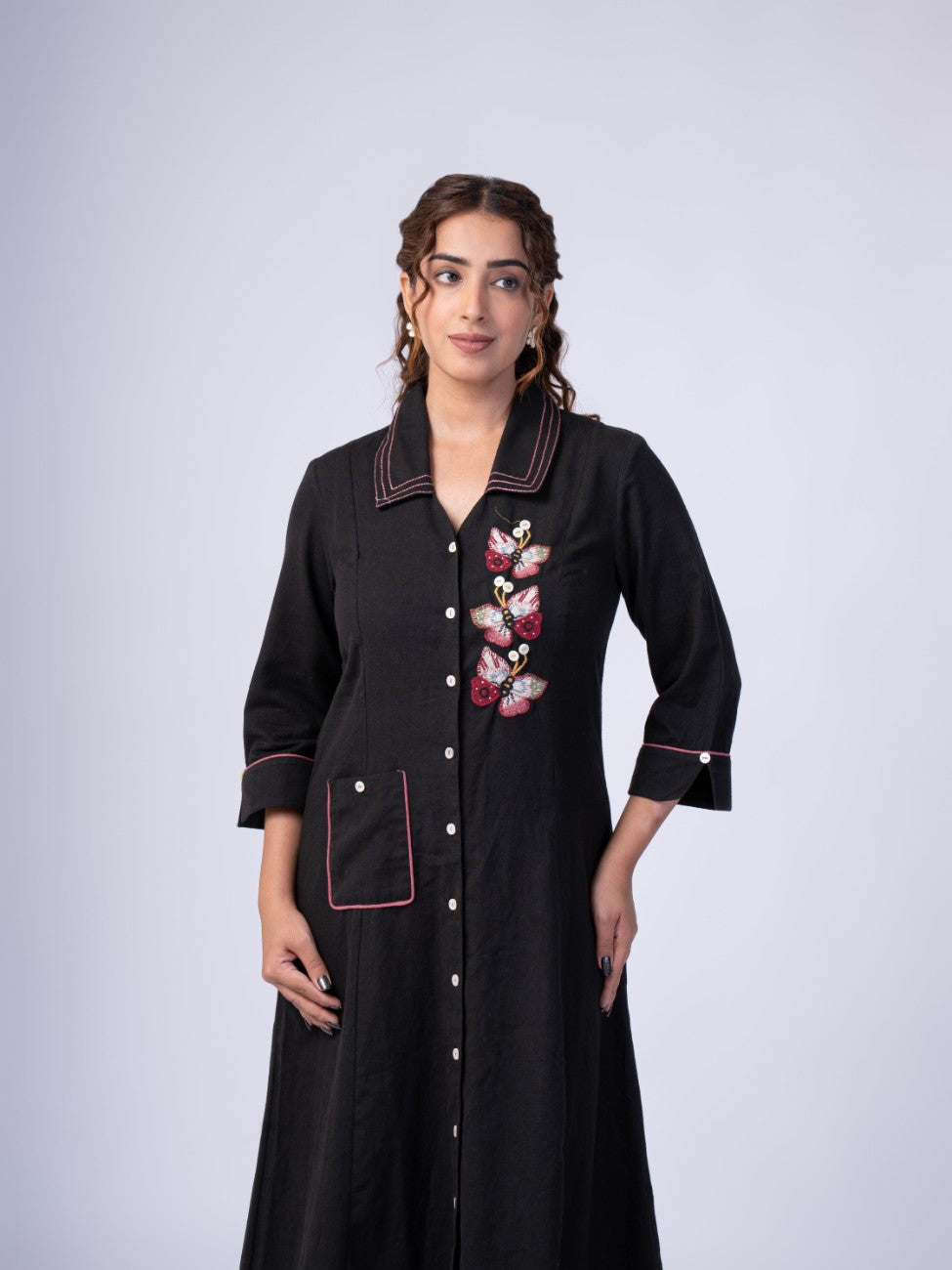 Black Floral Embroidered Collared Button-Down Midi Dress