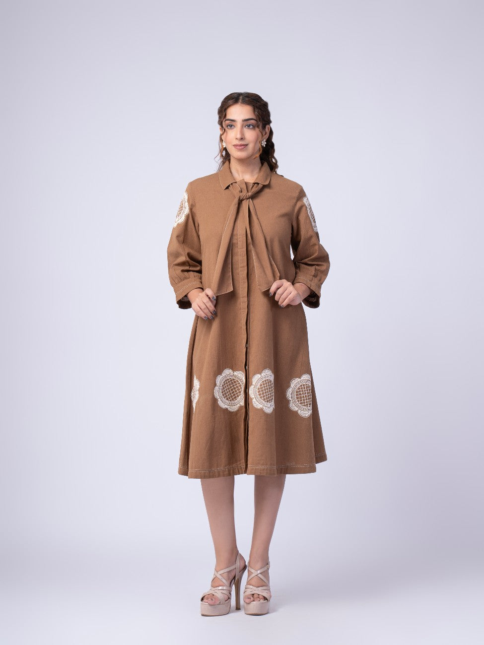 Mocha Brown Bow-Neck Embroidered A-Line Midi Dress