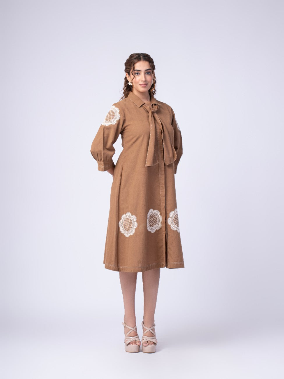 Mocha Brown Bow-Neck Embroidered A-Line Midi Dress