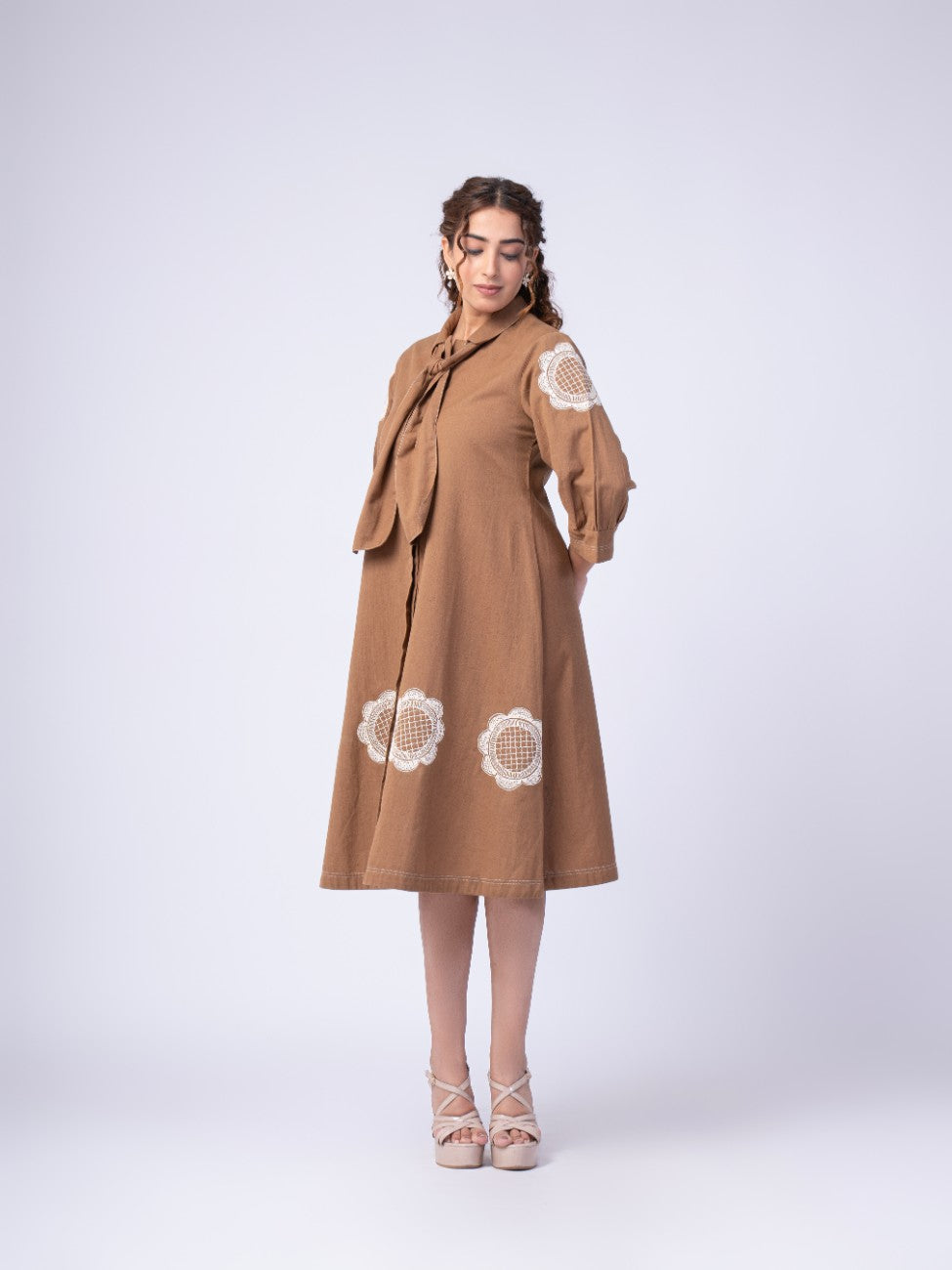 Mocha Brown Bow-Neck Embroidered A-Line Midi Dress