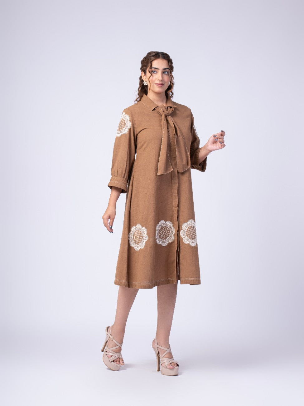 Mocha Brown Bow-Neck Embroidered A-Line Midi Dress