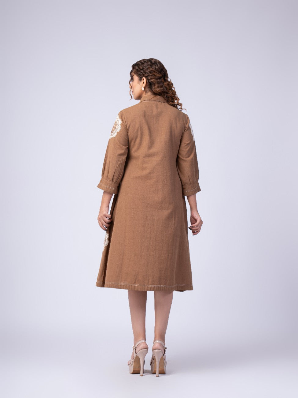 Mocha Brown Bow-Neck Embroidered A-Line Midi Dress