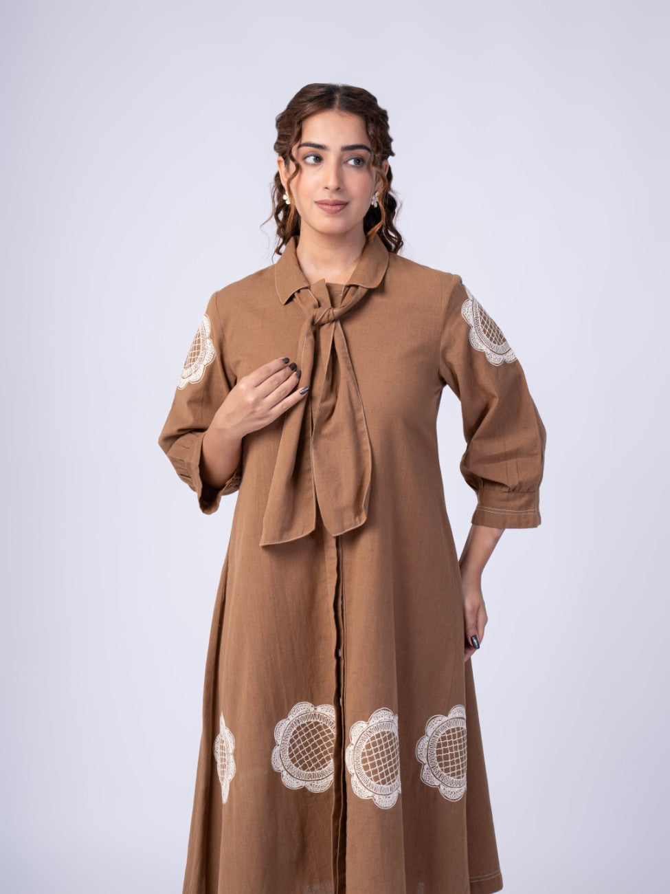 Mocha Brown Bow-Neck Embroidered A-Line Midi Dress