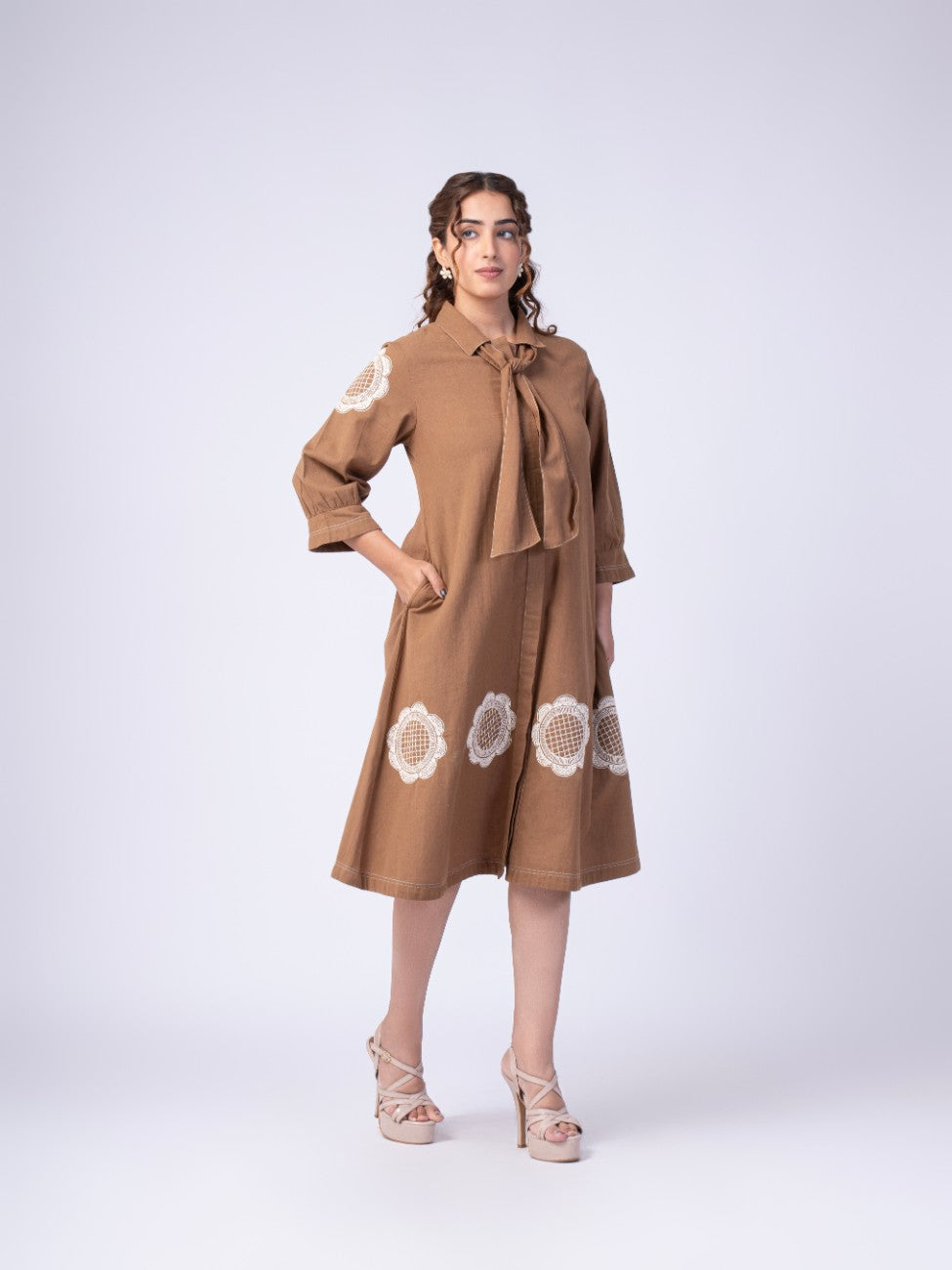 Mocha Brown Bow-Neck Embroidered A-Line Midi Dress