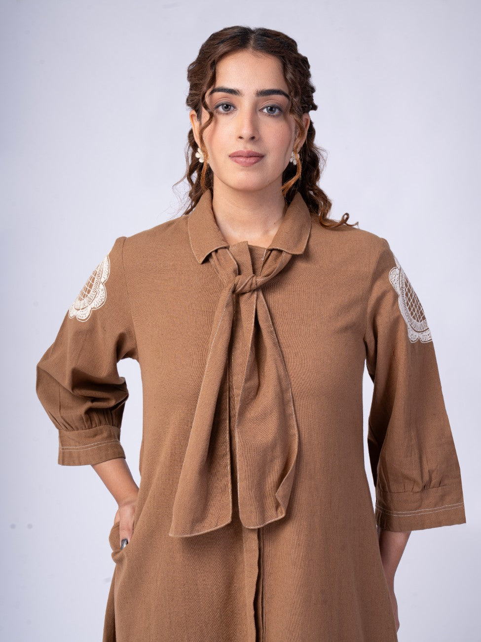 Mocha Brown Bow-Neck Embroidered A-Line Midi Dress