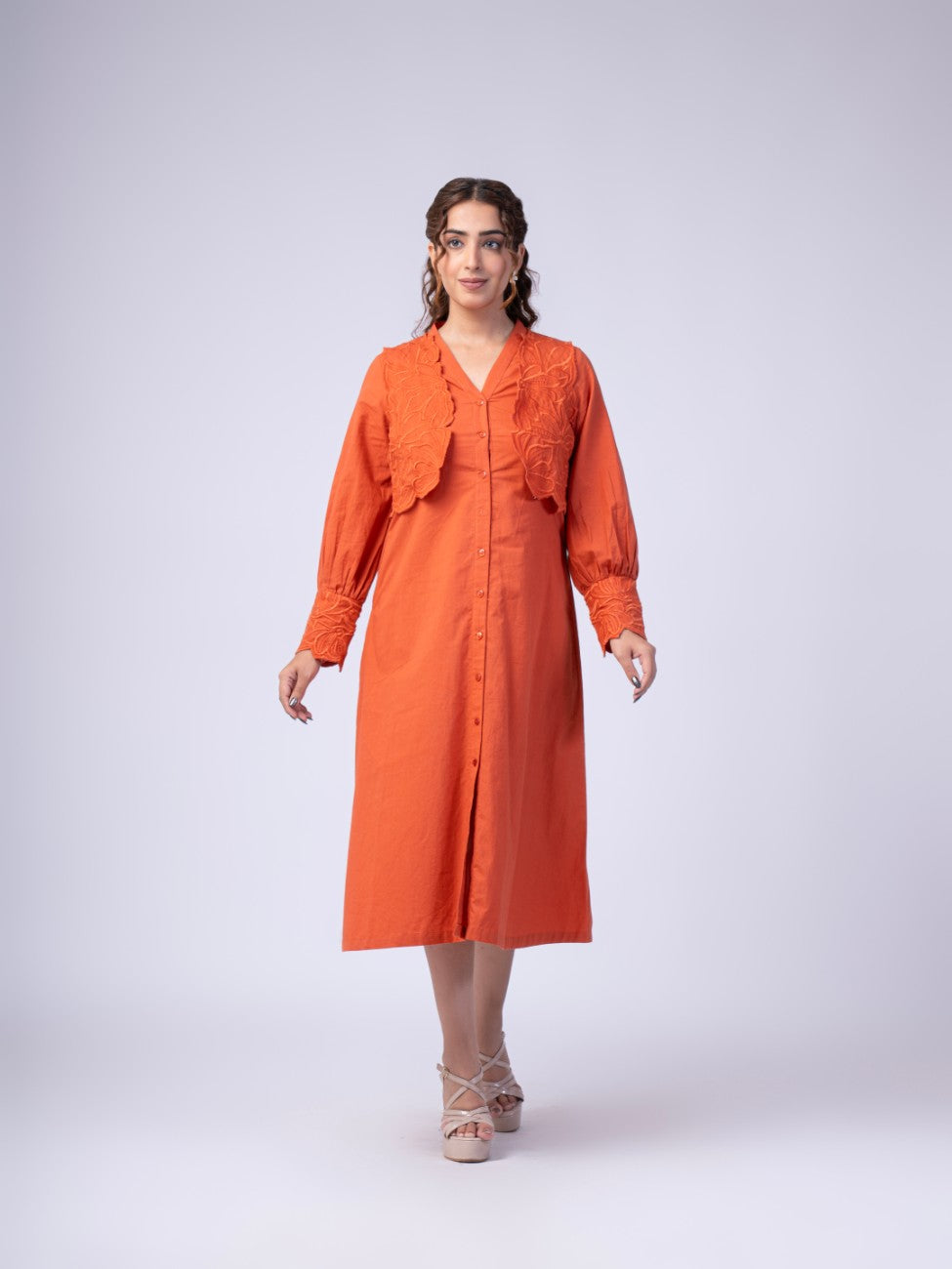 Rust Orange Embroidered Overlay Button-Down Midi Dress