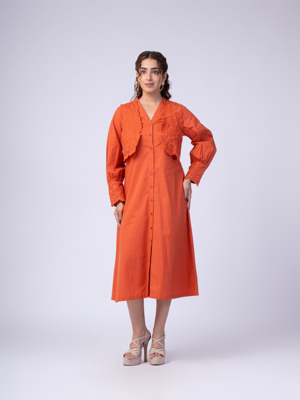 Rust Orange Embroidered Overlay Button-Down Midi Dress
