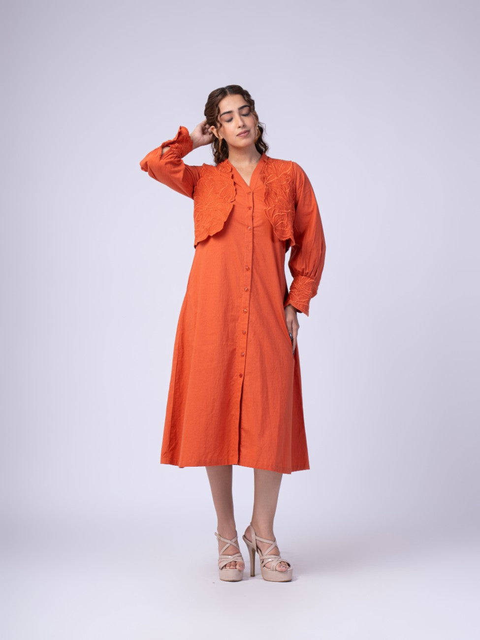 Rust Orange Embroidered Overlay Button-Down Midi Dress
