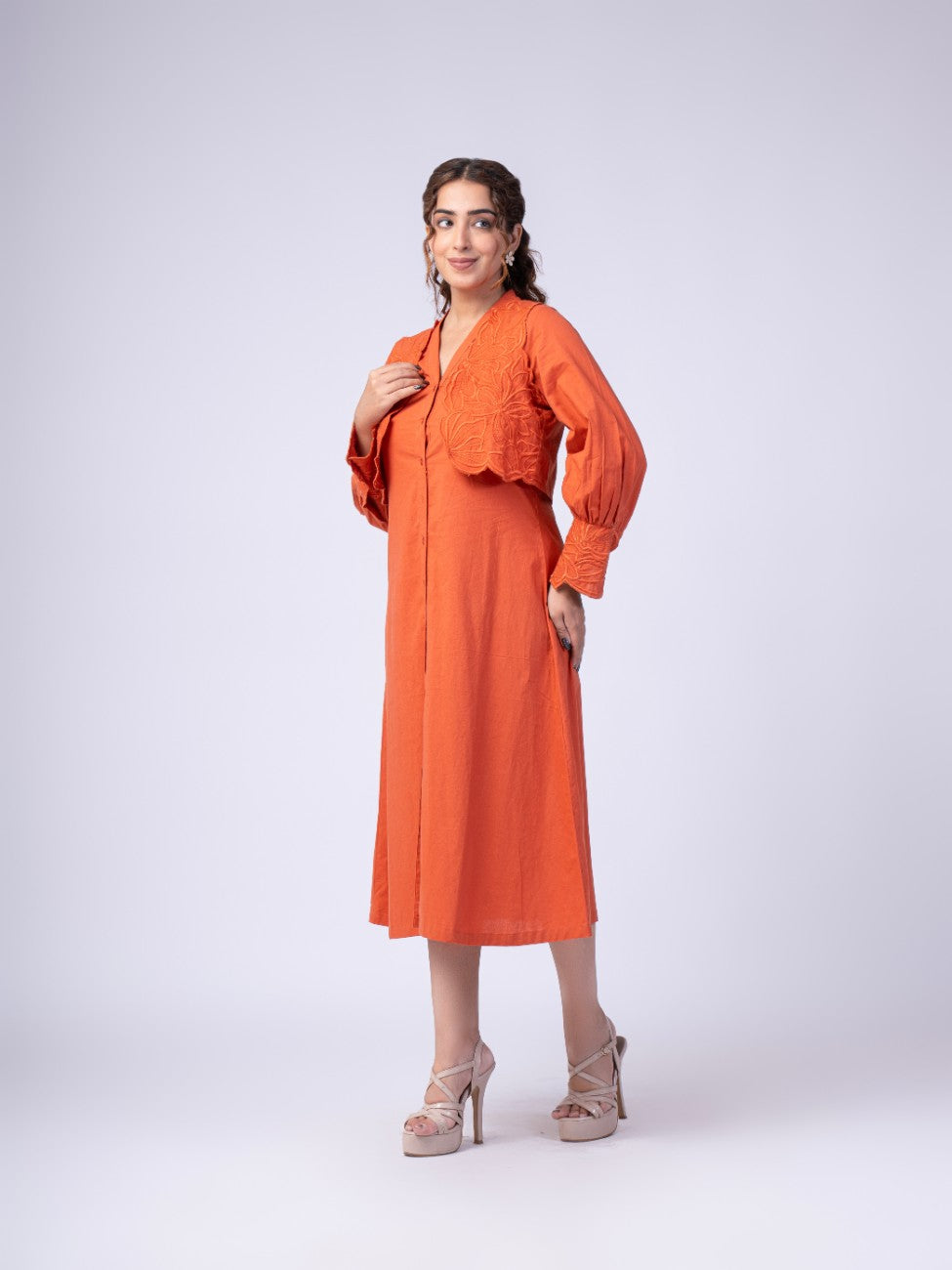 Rust Orange Embroidered Overlay Button-Down Midi Dress
