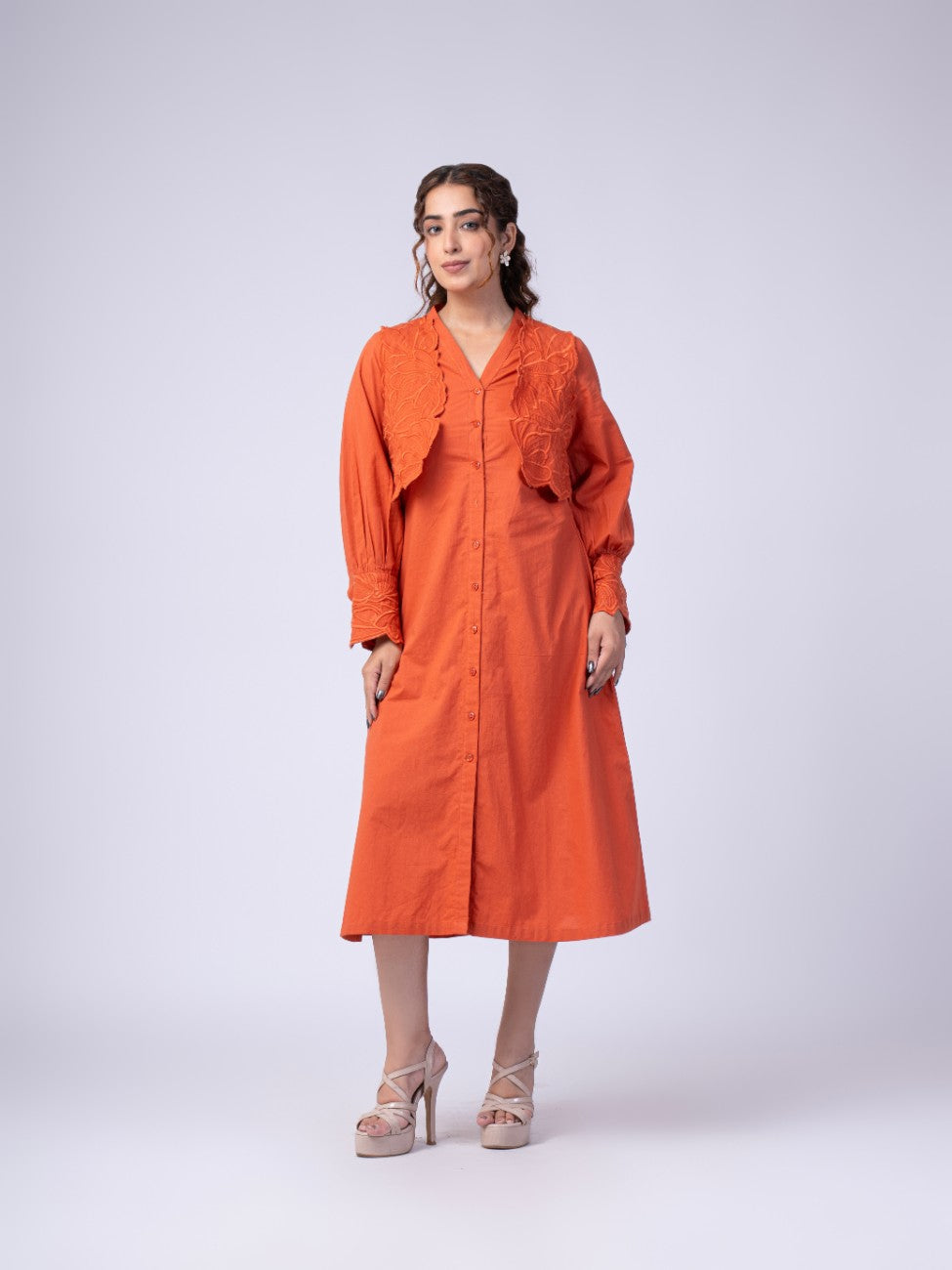 Rust Orange Embroidered Overlay Button-Down Midi Dress