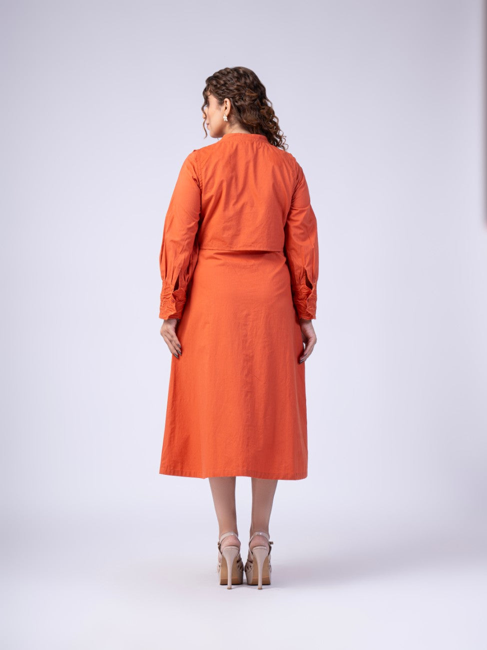 Rust Orange Embroidered Overlay Button-Down Midi Dress
