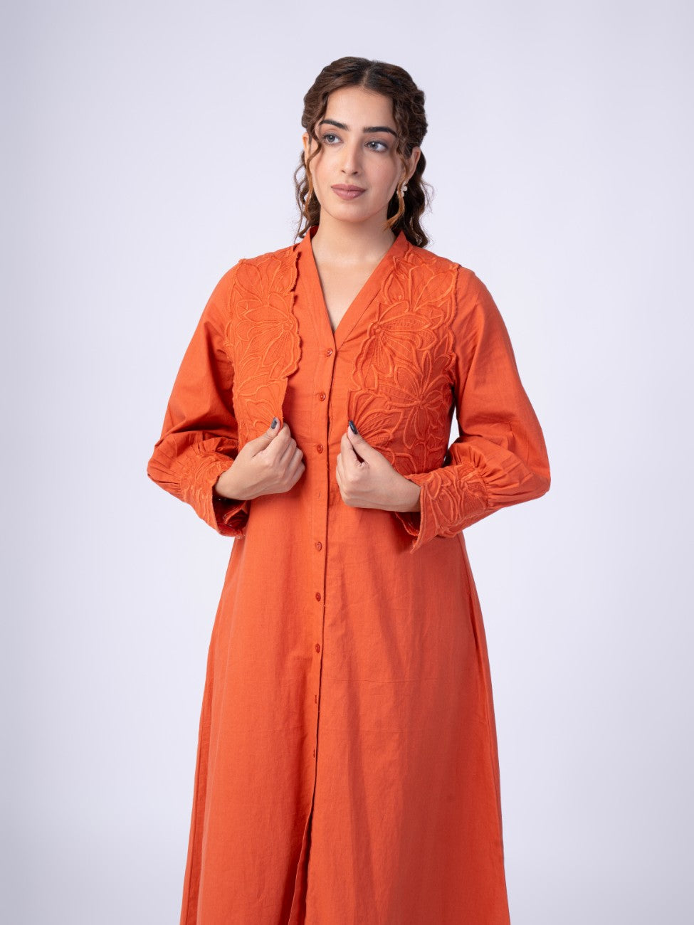 Rust Orange Embroidered Overlay Button-Down Midi Dress