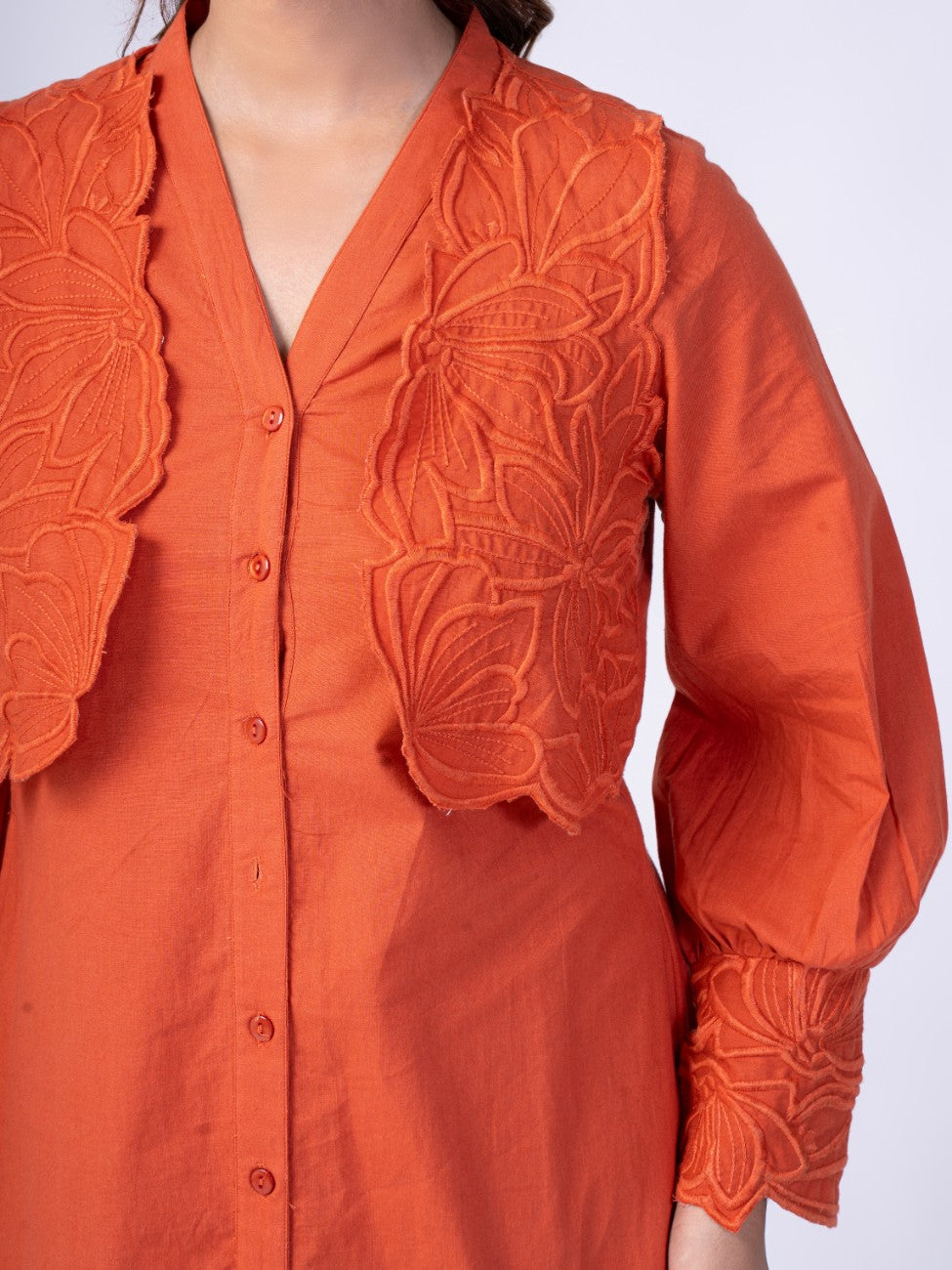 Rust Orange Embroidered Overlay Button-Down Midi Dress