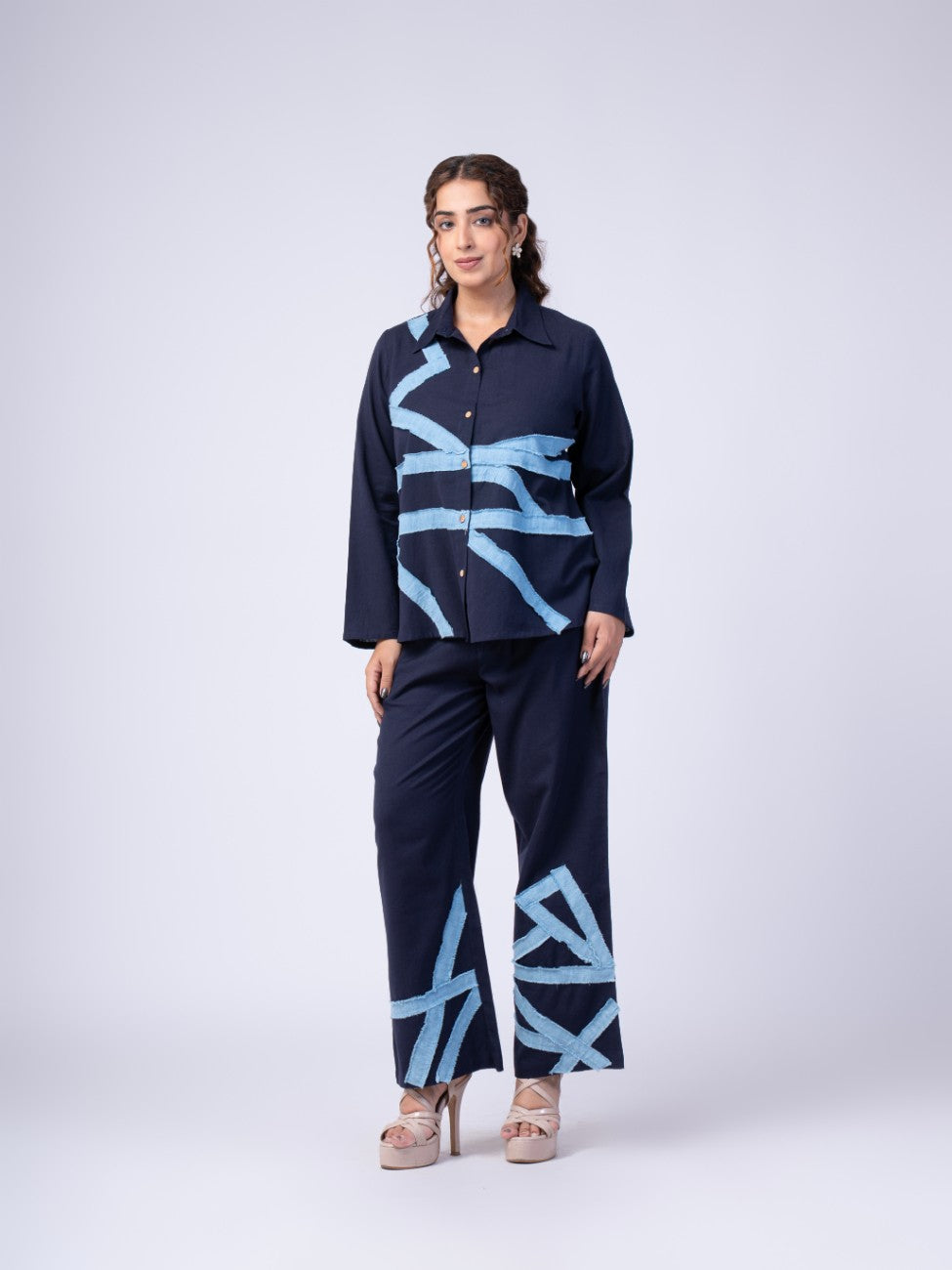 Navy Blue Denim Patchwork Co-ord Set