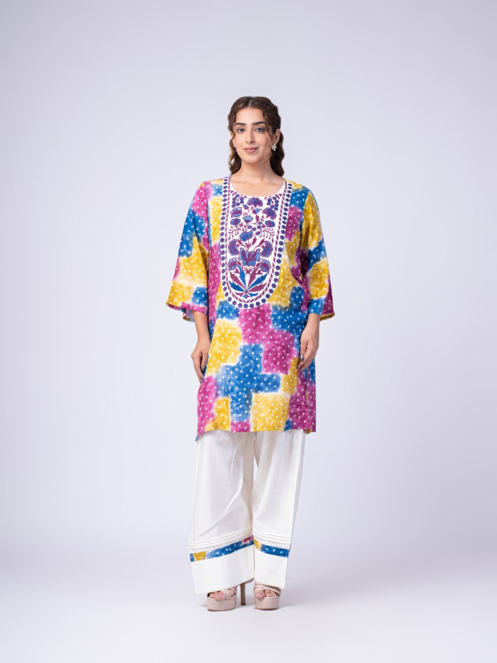 Multicolor Bandhani Print Kurta with White Palazzo Set
