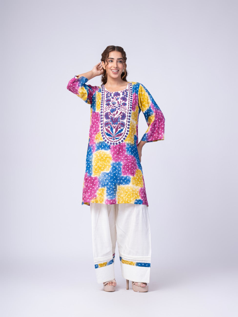 Multicolor Bandhani Print Kurta with White Palazzo Set