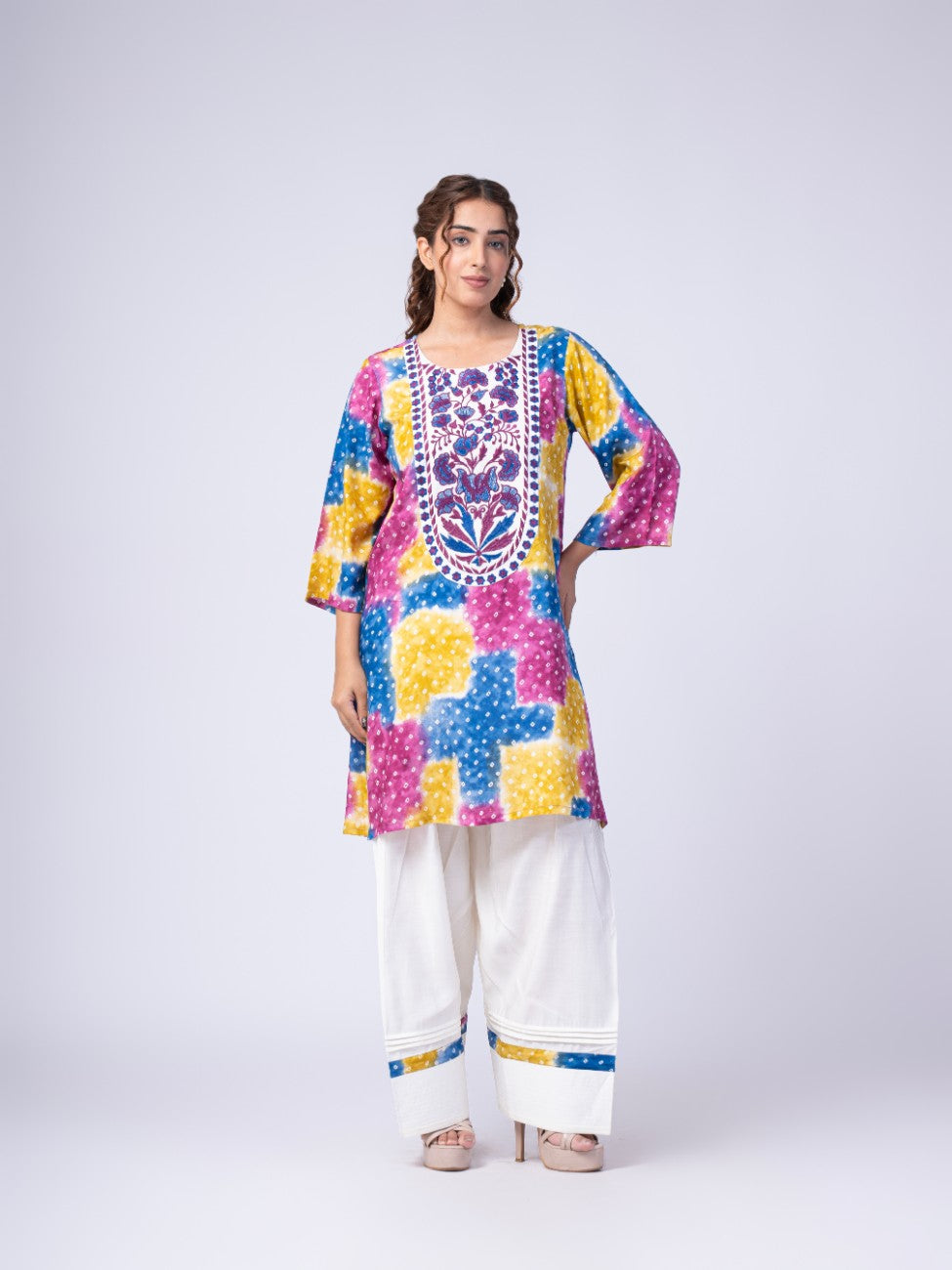 Multicolor Bandhani Print Kurta with White Palazzo Set