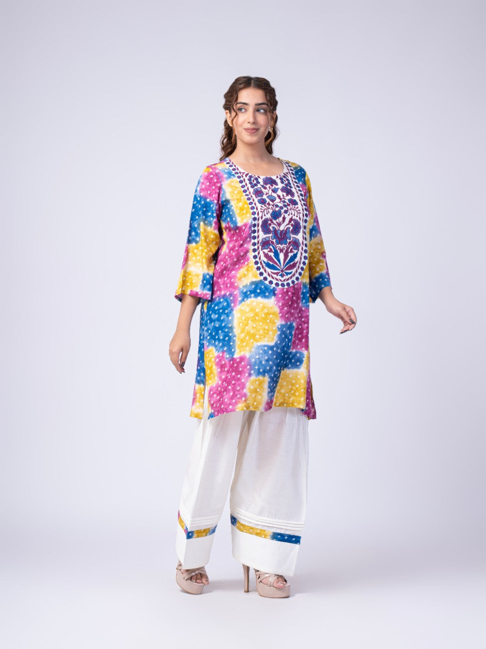 Multicolor Bandhani Print Kurta with White Palazzo Set