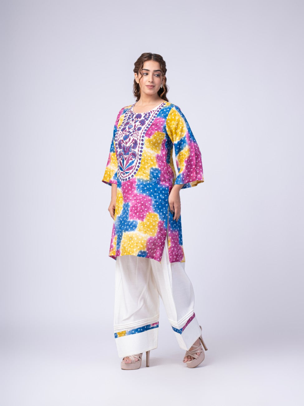 Multicolor Bandhani Print Kurta with White Palazzo Set
