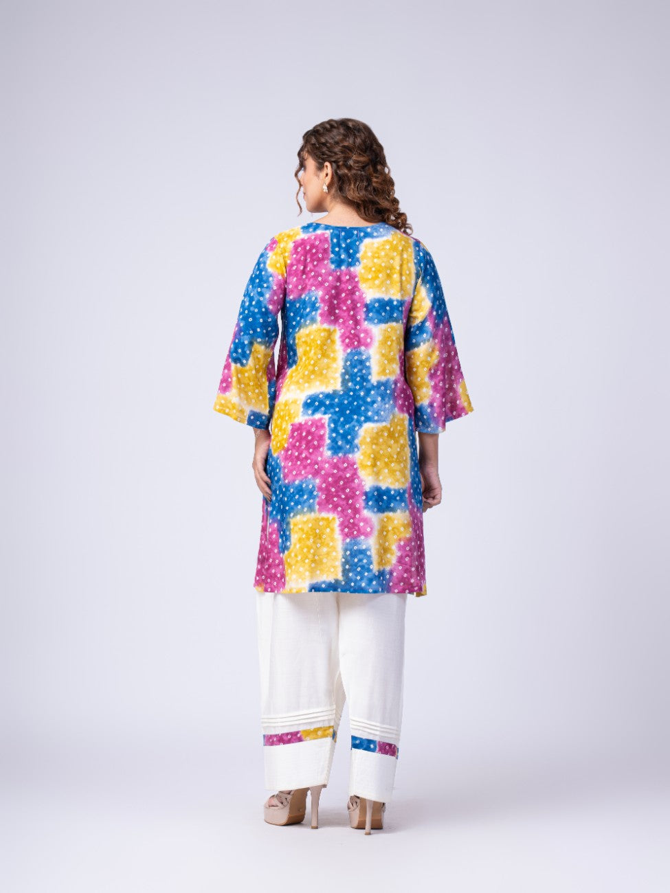 Multicolor Bandhani Print Kurta with White Palazzo Set