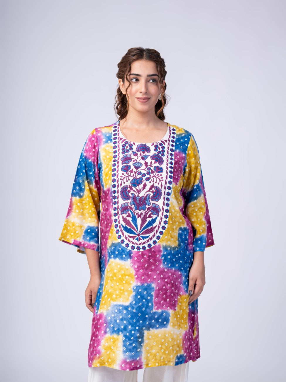 Multicolor Bandhani Print Kurta with White Palazzo Set