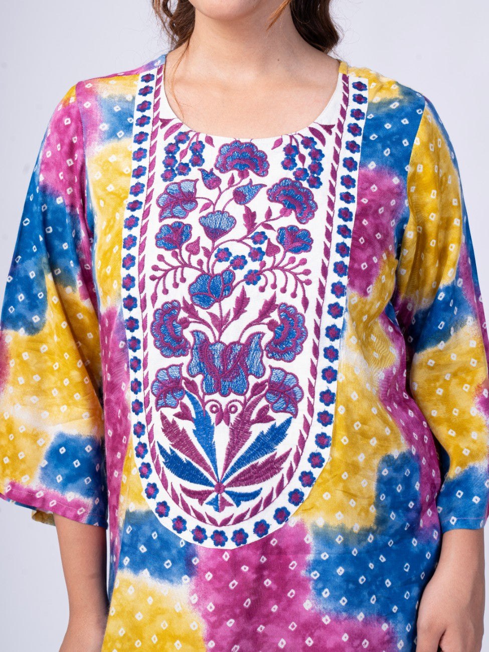 Multicolor Bandhani Print Kurta with White Palazzo Set