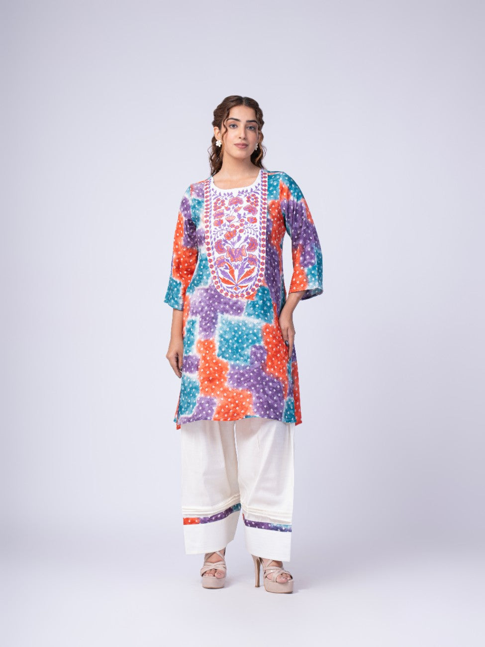 Multicolor Bandhani Print Kurta with White Palazzo Set