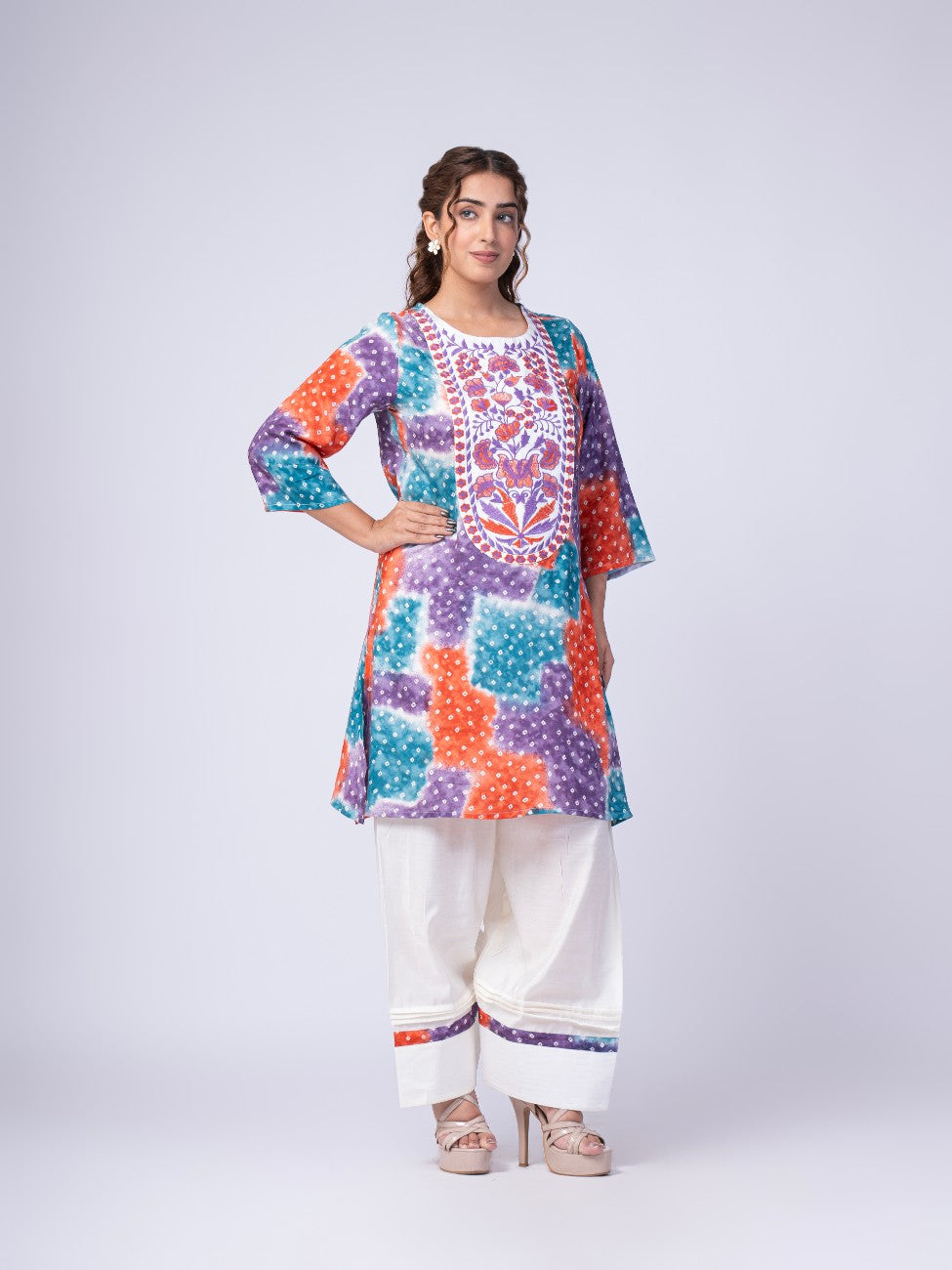 Multicolor Bandhani Print Kurta with White Palazzo Set
