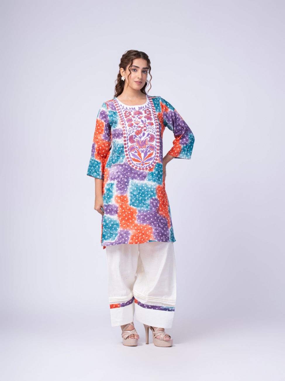 Multicolor Bandhani Print Kurta with White Palazzo Set