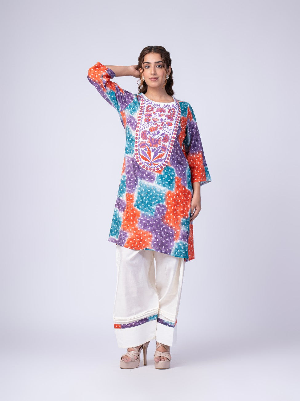 Multicolor Bandhani Print Kurta with White Palazzo Set
