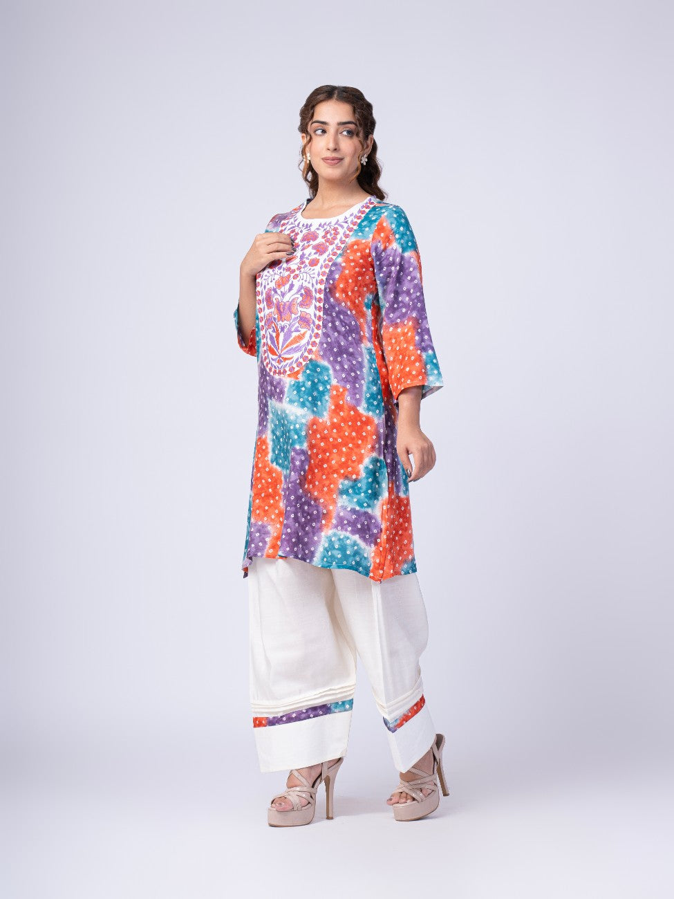 Multicolor Bandhani Print Kurta with White Palazzo Set