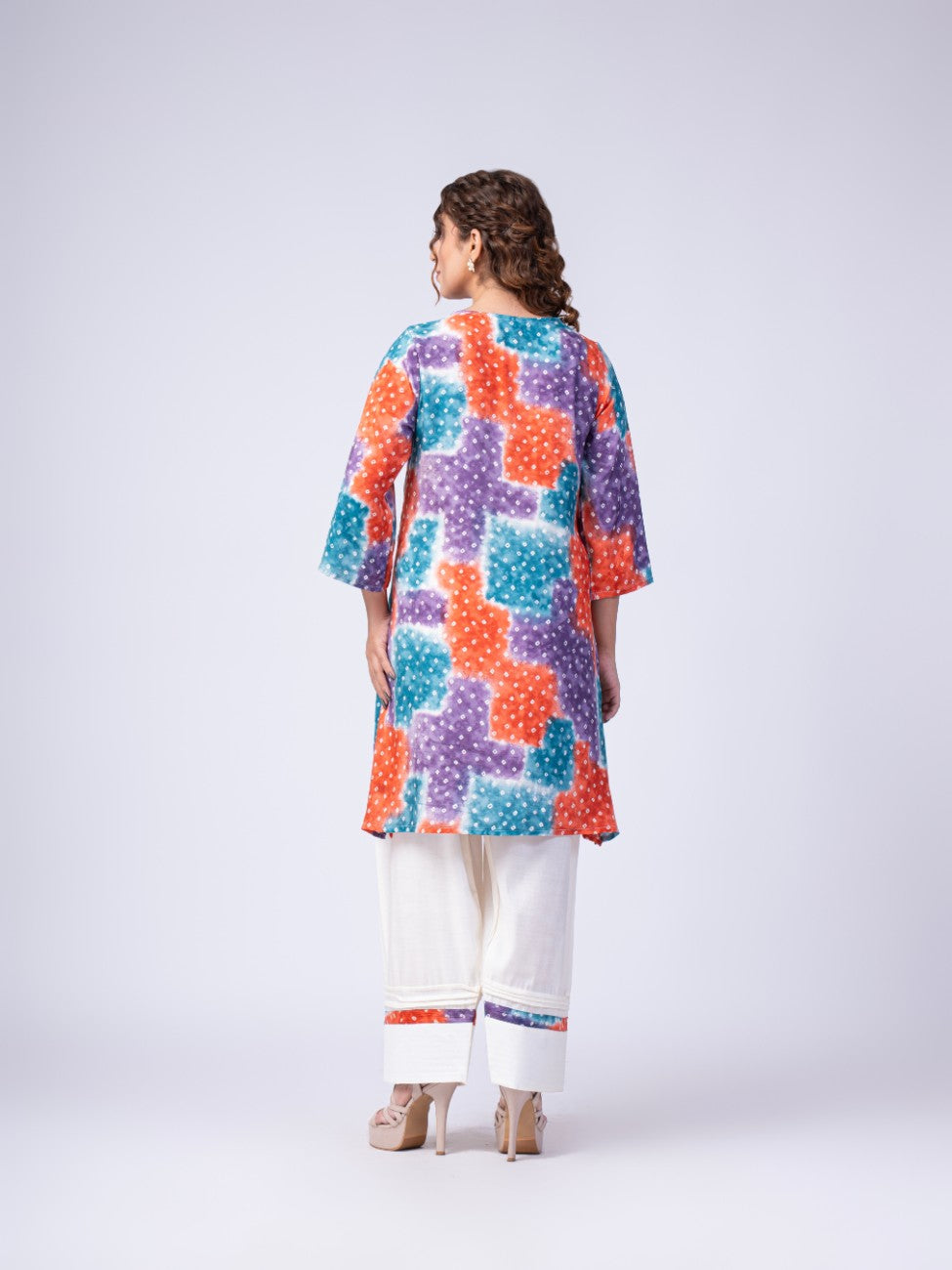 Multicolor Bandhani Print Kurta with White Palazzo Set