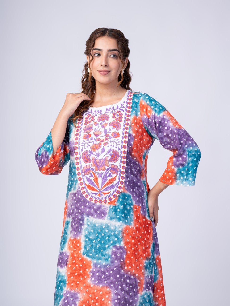 Multicolor Bandhani Print Kurta with White Palazzo Set