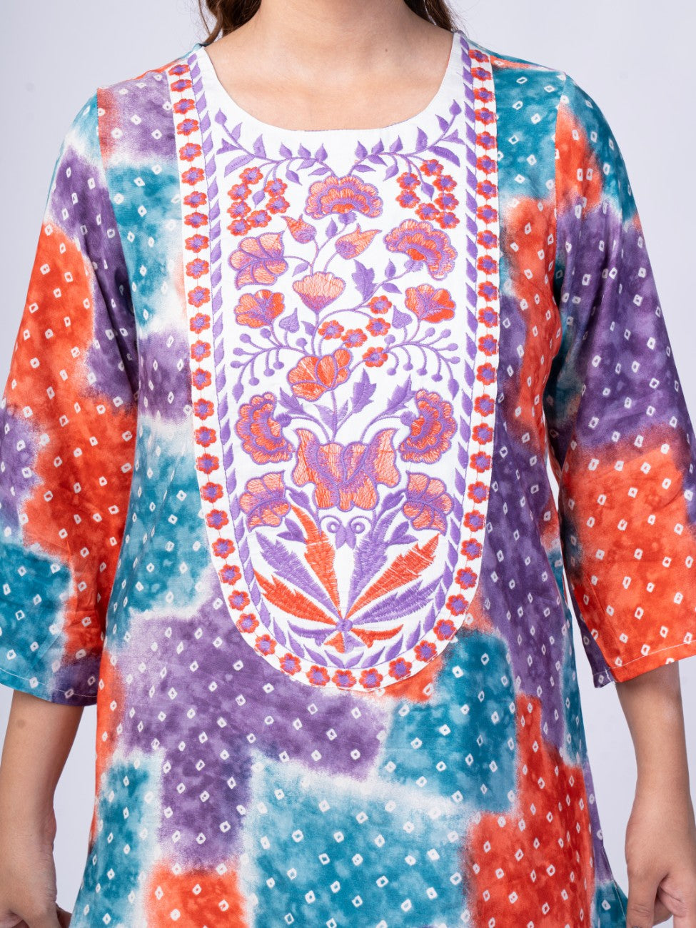 Multicolor Bandhani Print Kurta with White Palazzo Set