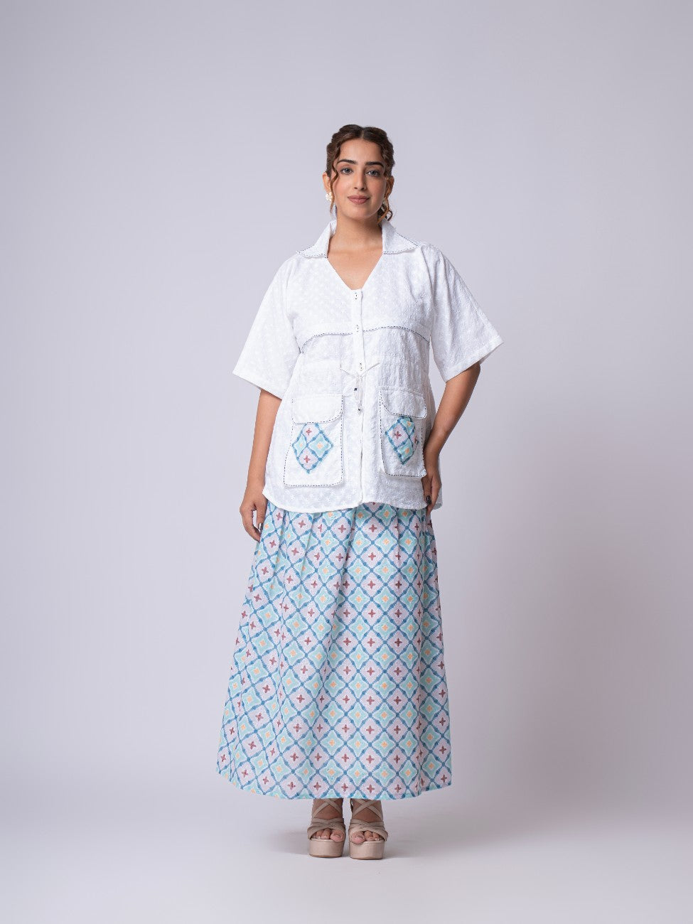 White Embroidered Shirt with Geometric Print Maxi Skirt