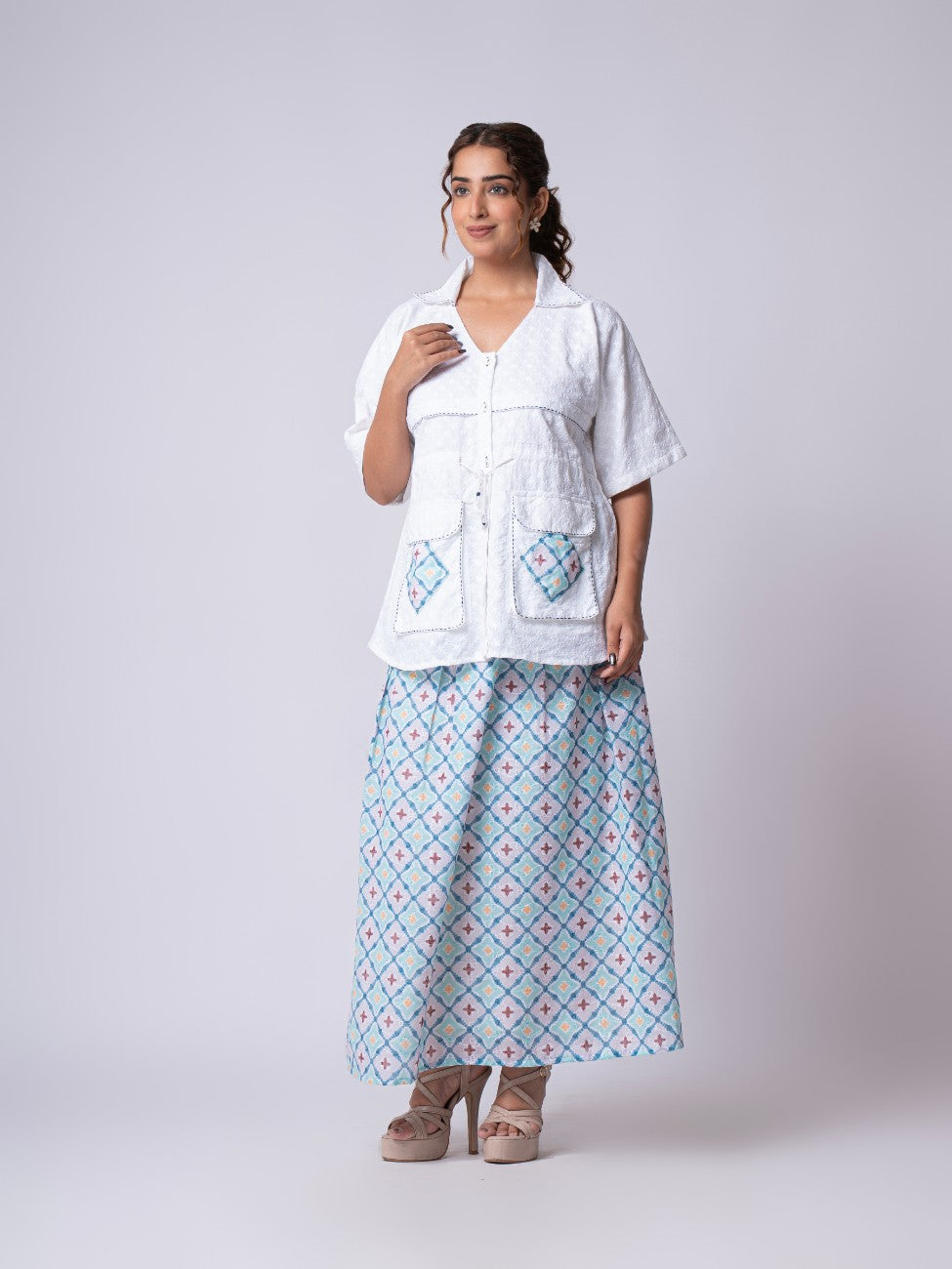 White Embroidered Shirt with Geometric Print Maxi Skirt