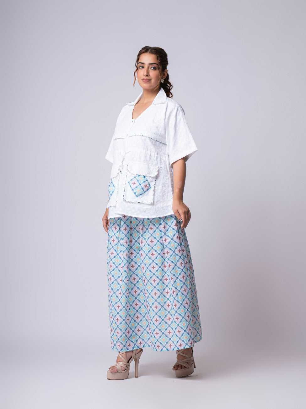 White Embroidered Shirt with Geometric Print Maxi Skirt