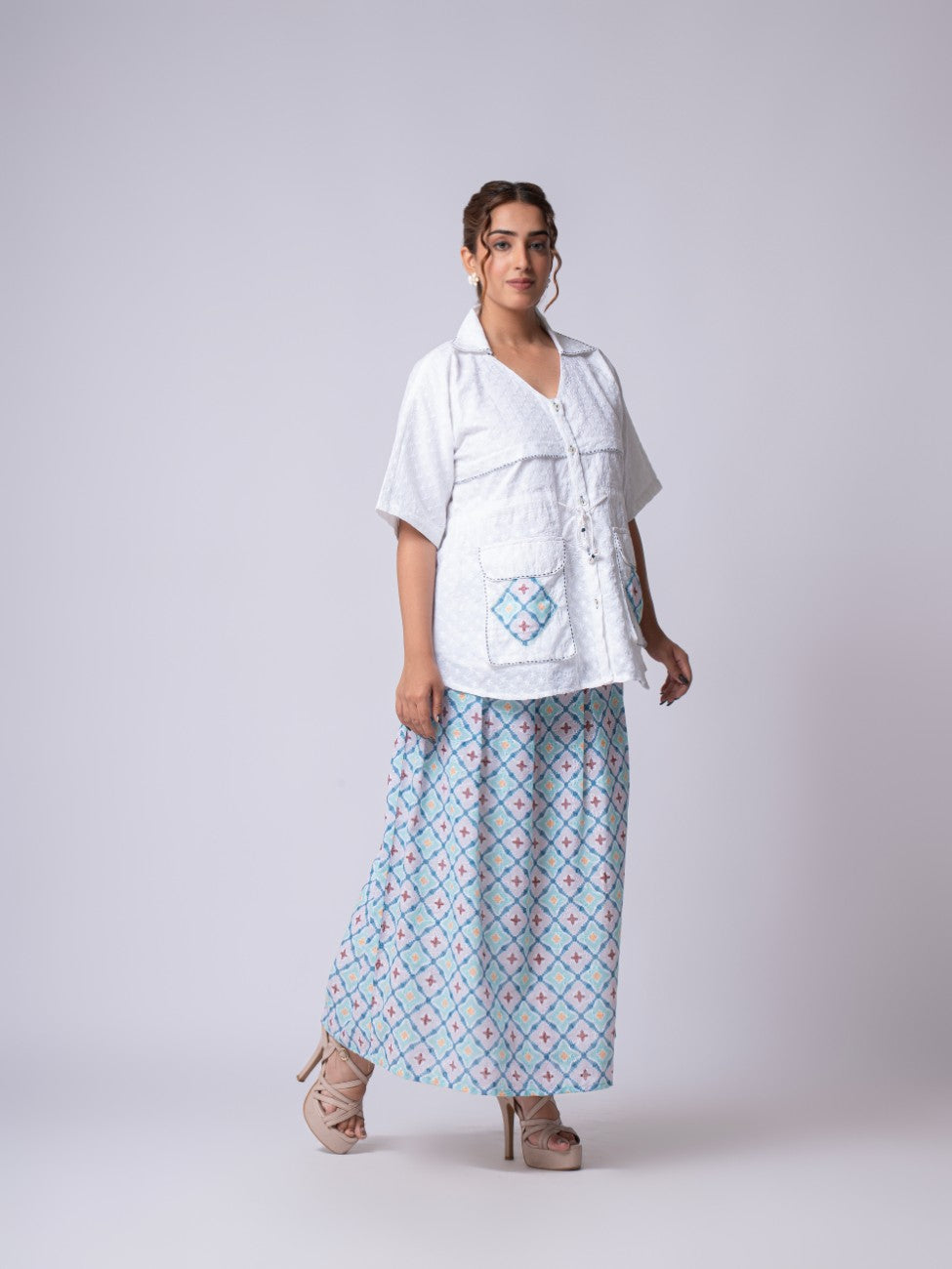 White Embroidered Shirt with Geometric Print Maxi Skirt